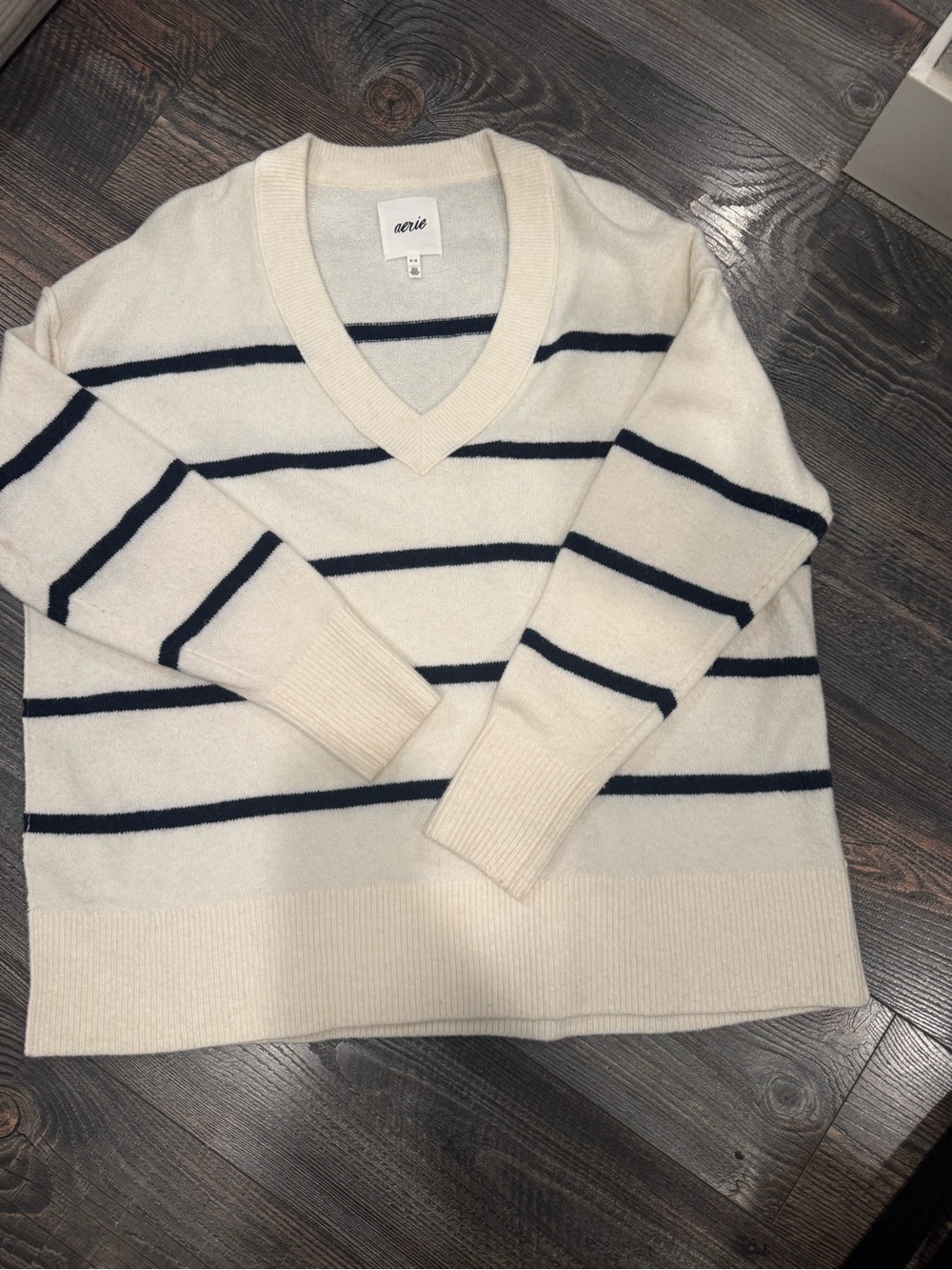aerie Cream V-Neck Sweater with Navy Stripes